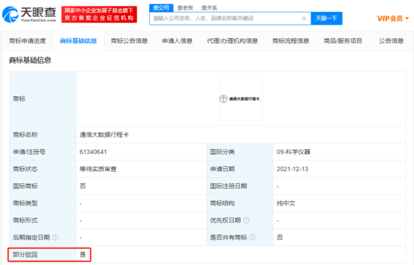 “通信行程卡”相关商标注册均以被驳回